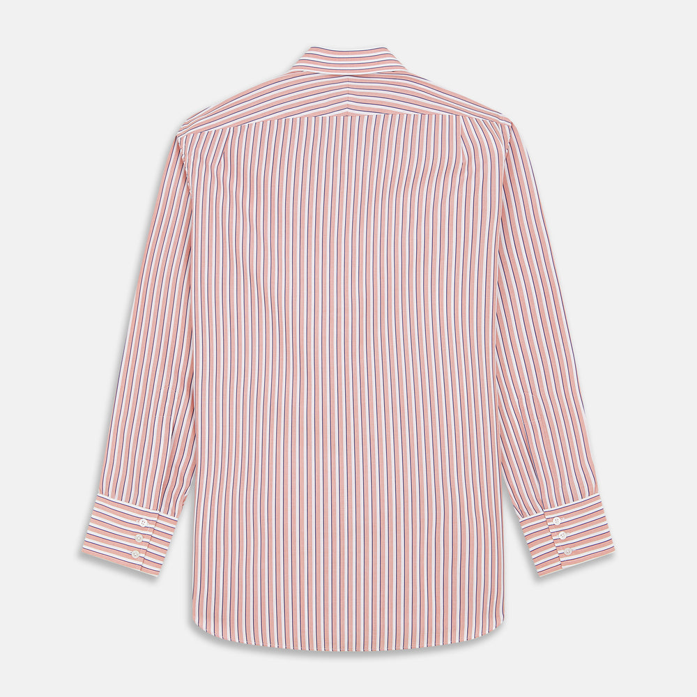 The Turnbull & Asser Orange and White Stripe Cotton Regular Fit Mayfair Shirt features vertical stripes, a classic collar, and buttoned cuffs—an essential men’s wardrobe piece, shown laid flat on a white background.
