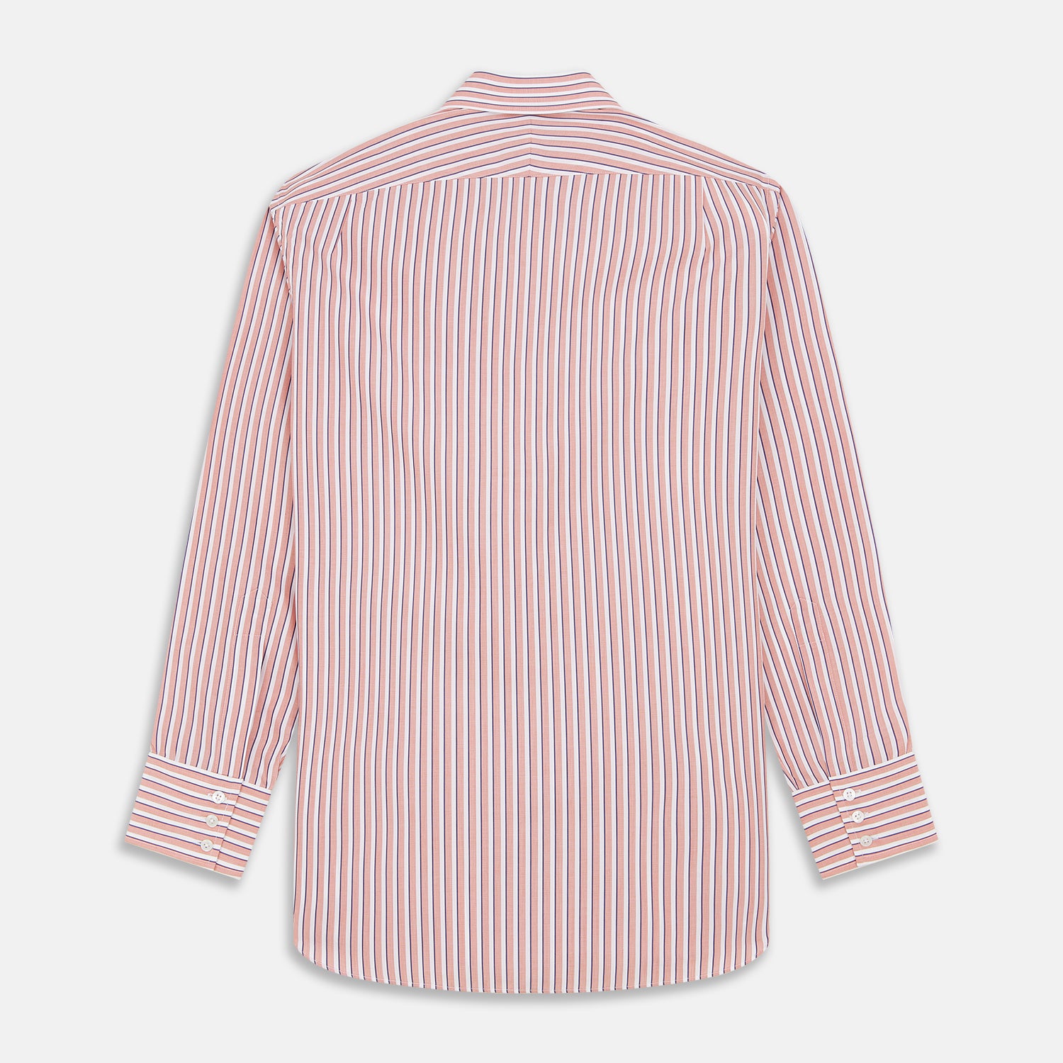 View 5 of product The Turnbull & Asser Orange and White Stripe Cotton Regular Fit Mayfair Shirt features vertical stripes, a classic collar, and buttoned cuffs—an essential men’s wardrobe piece, shown laid flat on a white background.