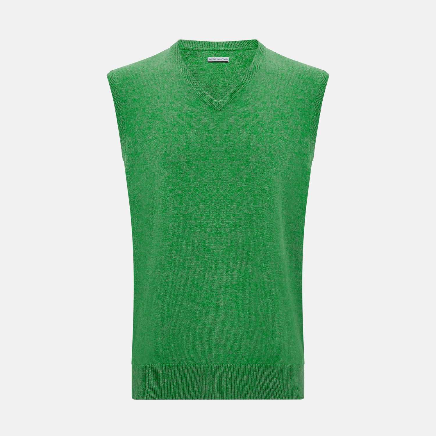 View 1 of product The Turnbull & Asser Fern Green V-neck Sleeveless Vest features a ribbed hem and is perfect for elegant ensembles, presented against a plain white background.