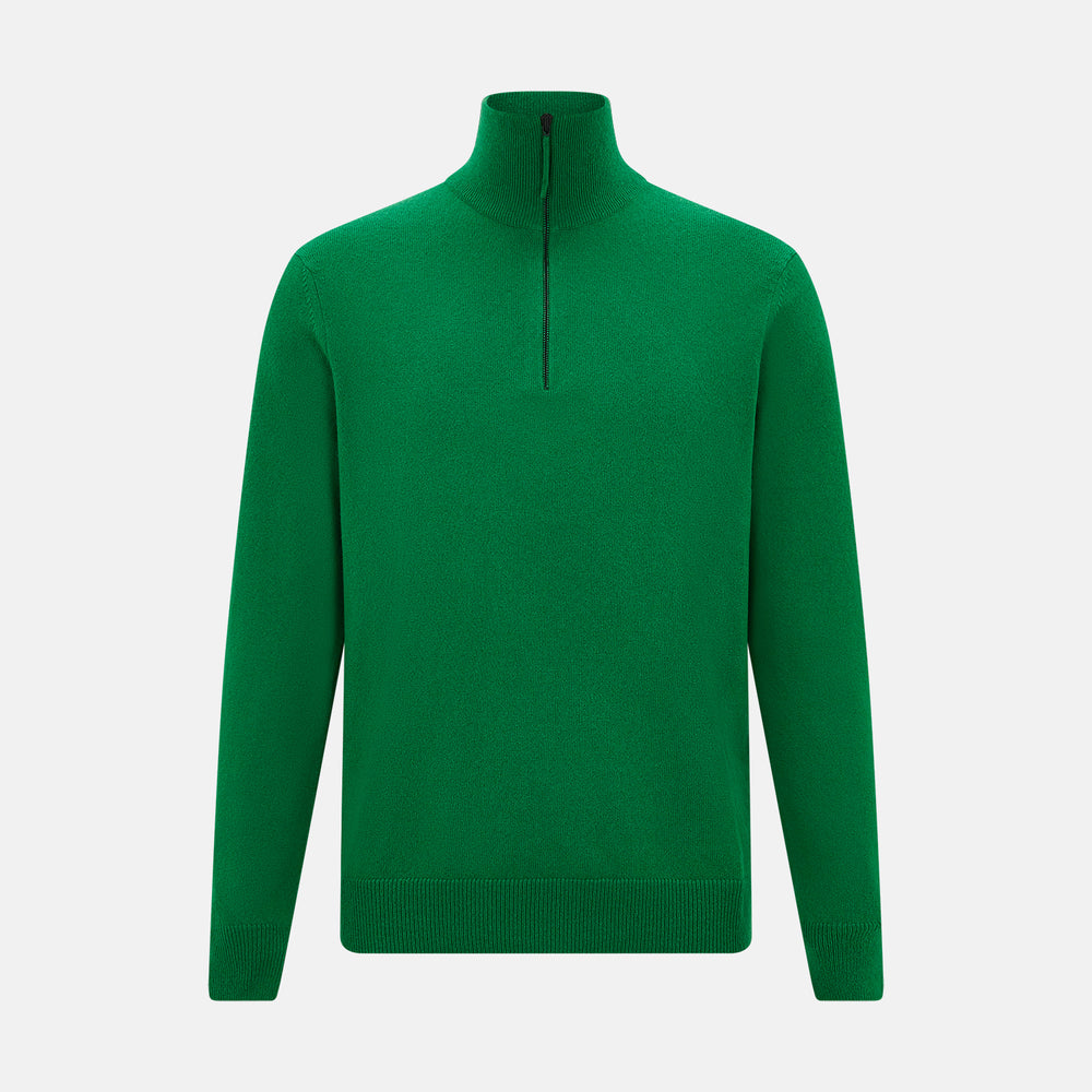 The Grass Green Half-Zip Cashmere Jumper by Turnbull & Asser is a long-sleeve knitwear pullover with a high collar and front half-zip closure, shown against a plain white background.