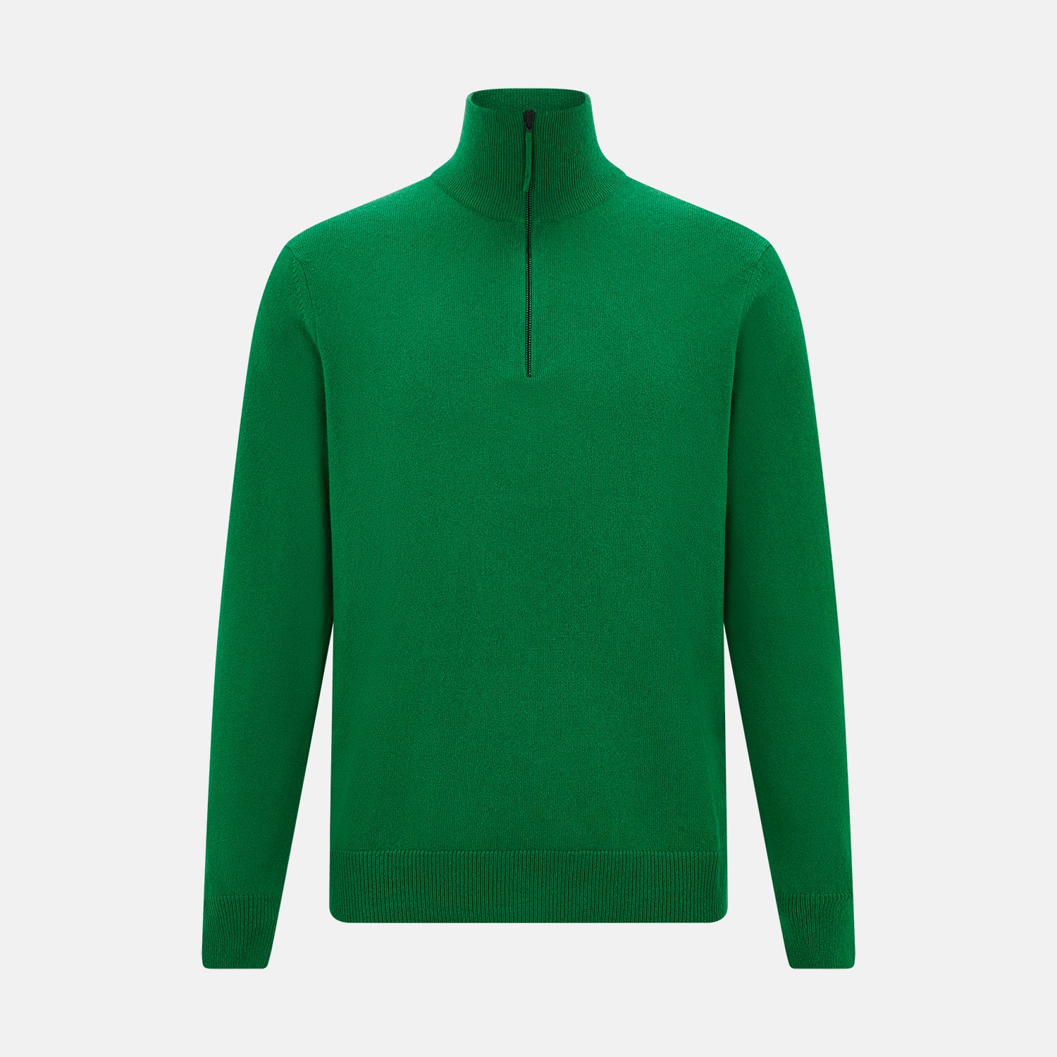 View 1 of product The Grass Green Half-Zip Cashmere Jumper by Turnbull & Asser is a long-sleeve knitwear pullover with a high collar and front half-zip closure, shown against a plain white background.