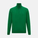 The Grass Green Half-Zip Cashmere Jumper by Turnbull & Asser is a long-sleeve knitwear pullover with a high collar and front half-zip closure, shown against a plain white background.