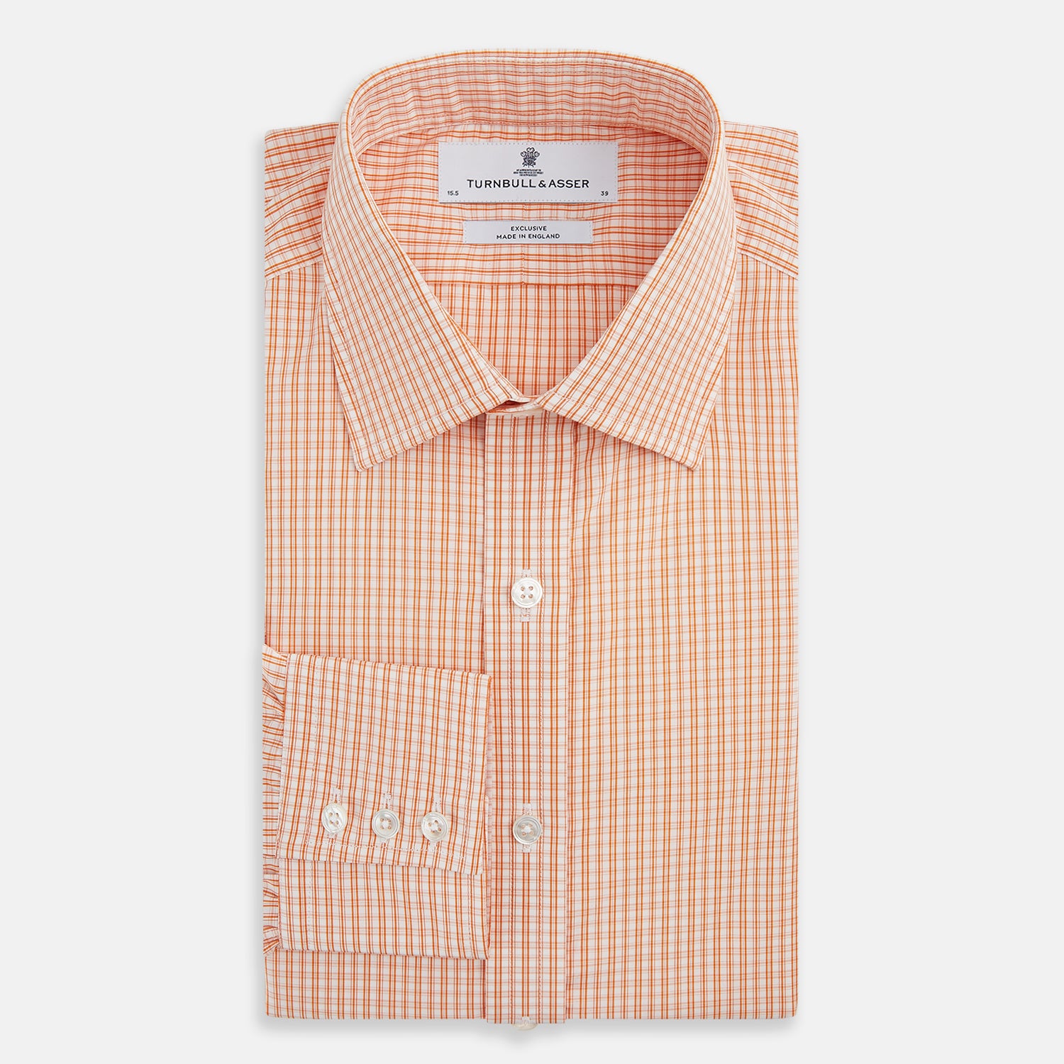 View 5 of product The Turnbull & Asser Orange Micro Check Mayfair Shirt, a long-sleeve button-up with a classic T&A collar and white-orange micro check pattern, is shown neatly laid flat on a white background.