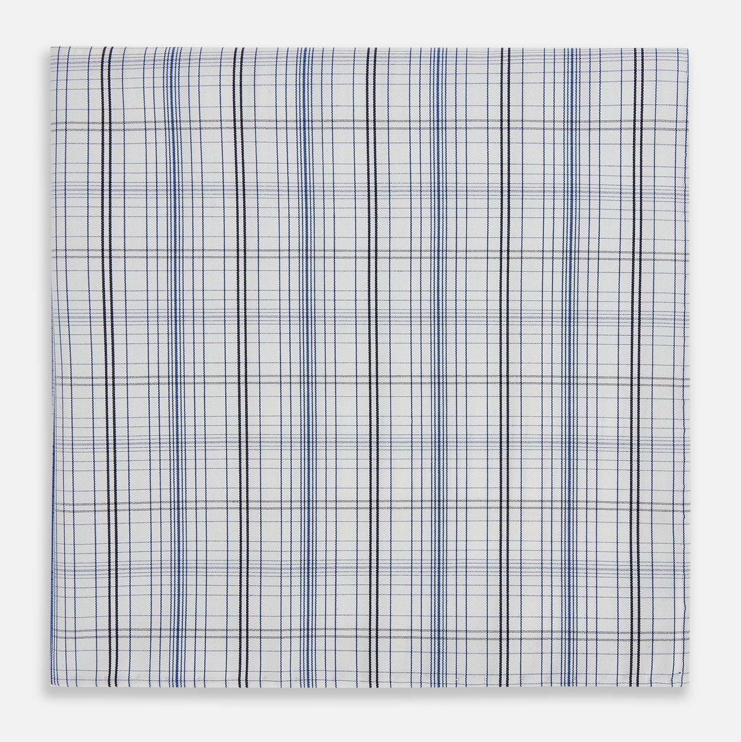 View 3 of product The Turnbull & Asser Blue and Navy Multi Check Hand-Rolled Handkerchief features a blue and white plaid design with thin, evenly spaced lines, shown flat against a white background.
