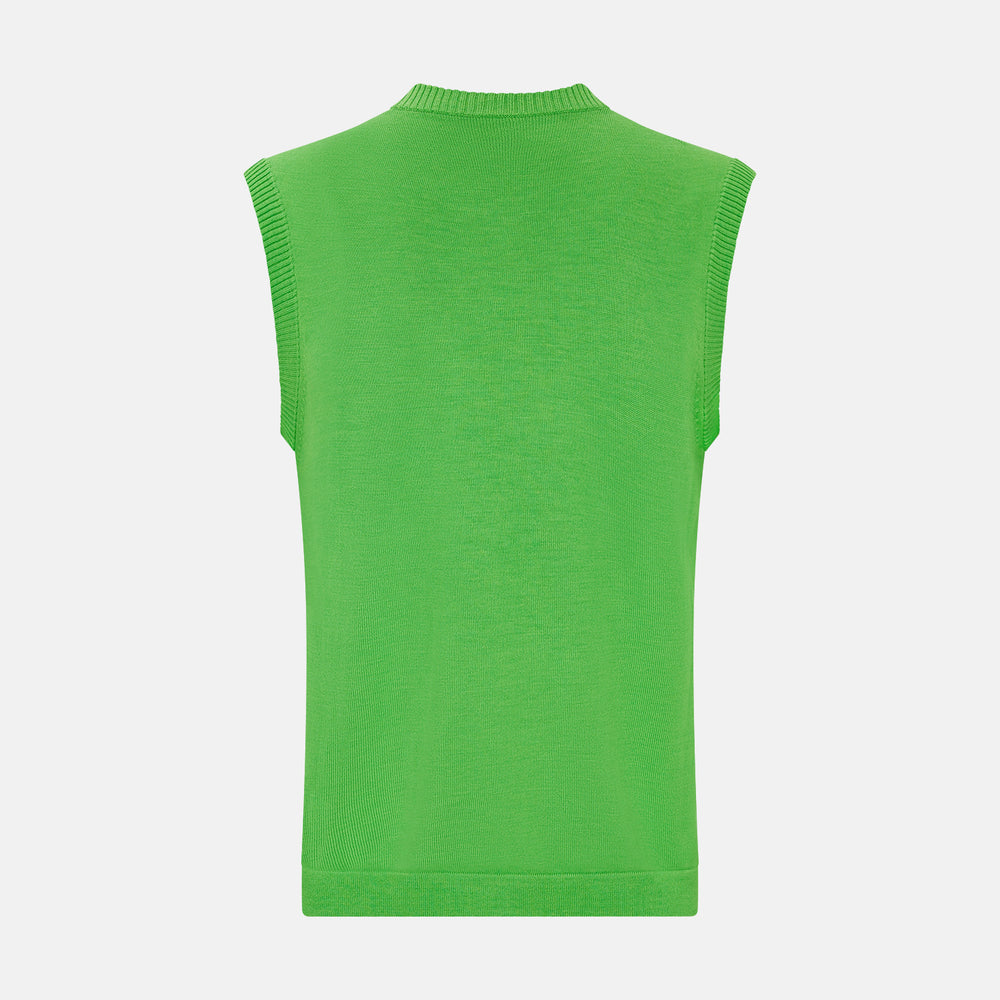The Turnbull & Asser Lime Green Fine Merino V-Neck Vest, ideal for men, is shown against a plain white background.