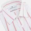 View 2 of product The Turnbull & Asser Coral Track Stripe Mayfair Shirt features a white Italian cotton fabric with vertical red stripes and a pointed T&A collar, shown against a plain light background.