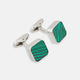 Turnbull & Asser Malachite Square Cufflinks feature green, wavy-striped stone inlays set in sterling silver and are shown against a white background.
