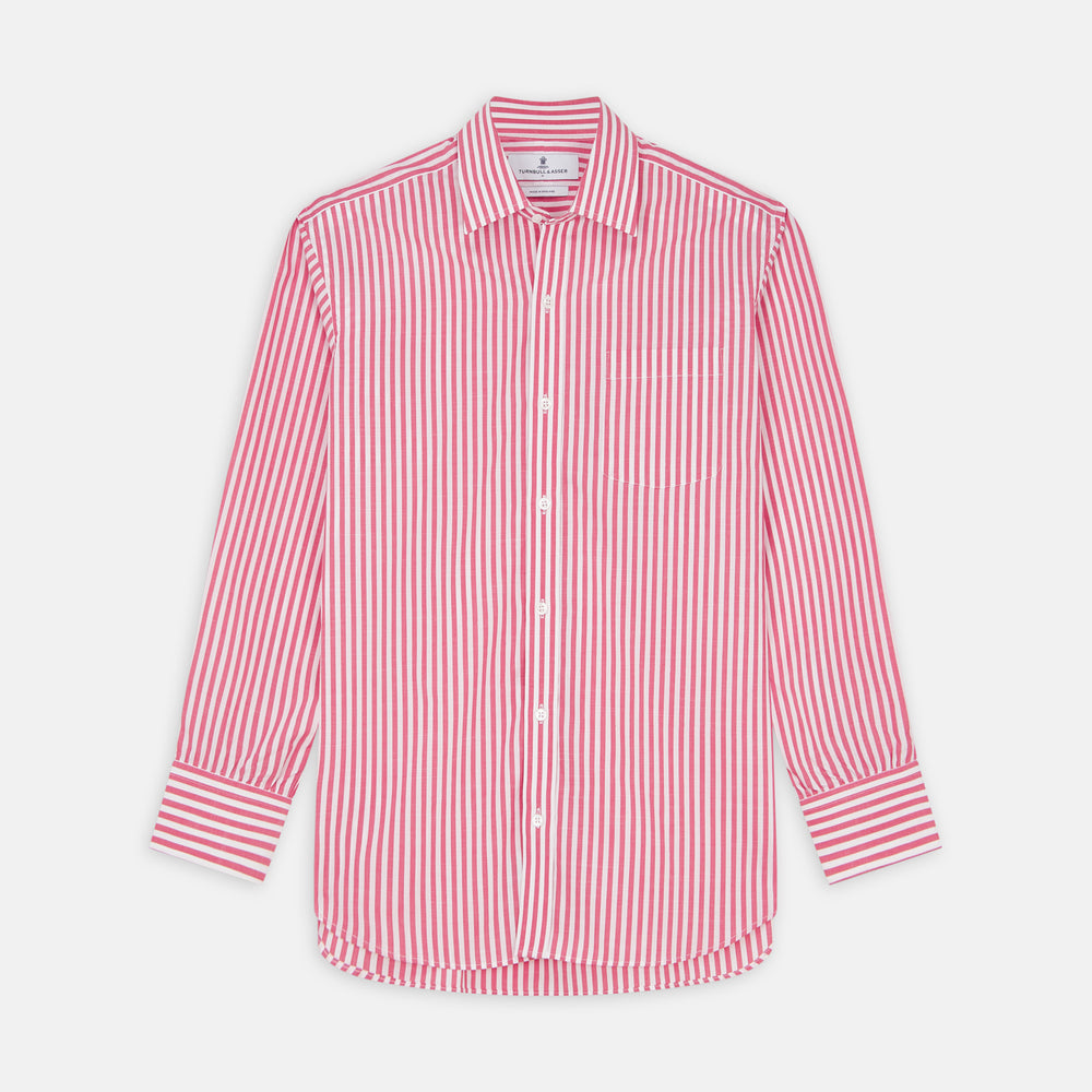 The Pink Candy Stripe Cotton Weekend Fit Finch Shirt by Turnbull & Asser features vertical red and white stripes, a left chest pocket, and a classic collar—an essential men’s wardrobe staple shown against a white backdrop.