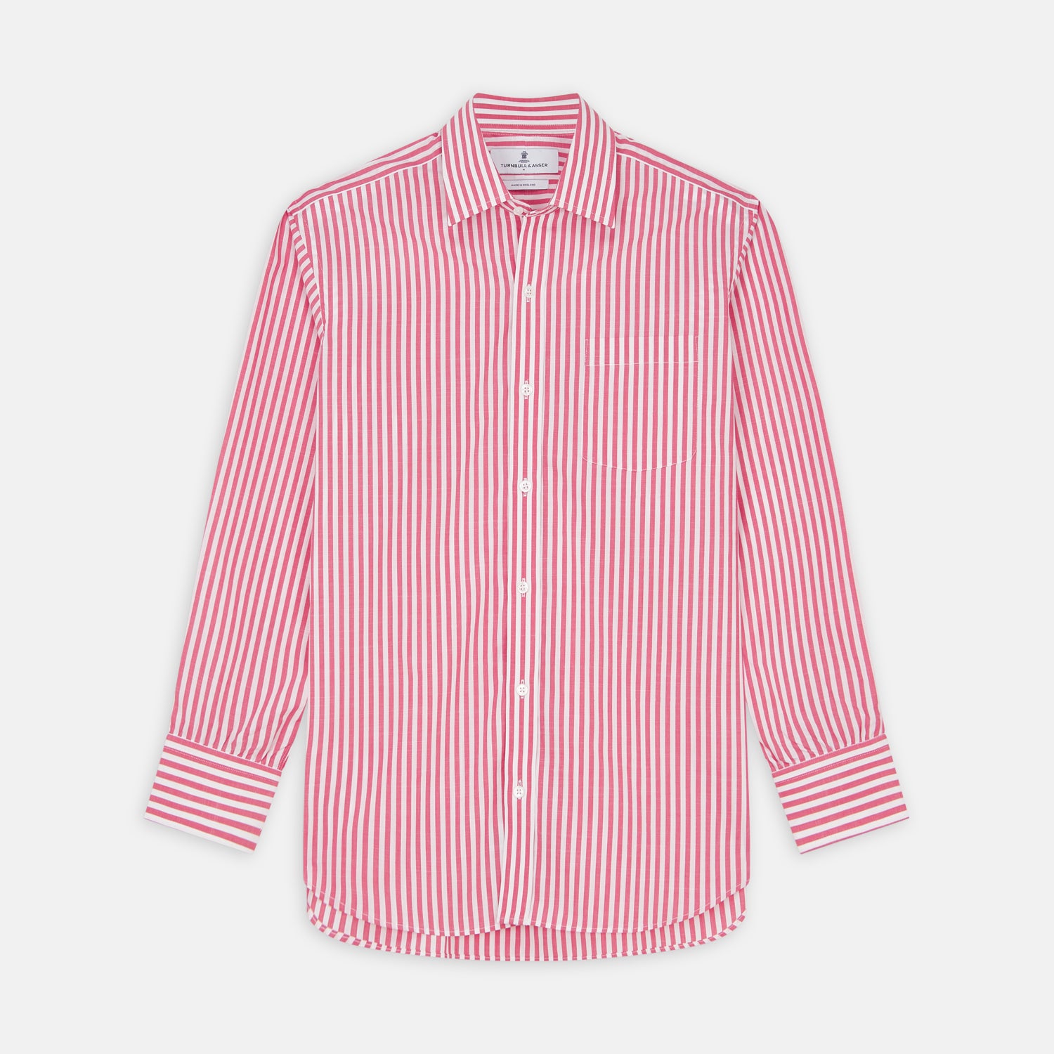 View 1 of product The Pink Candy Stripe Cotton Weekend Fit Finch Shirt by Turnbull & Asser features vertical red and white stripes, a left chest pocket, and a classic collar—an essential men’s wardrobe staple shown against a white backdrop.