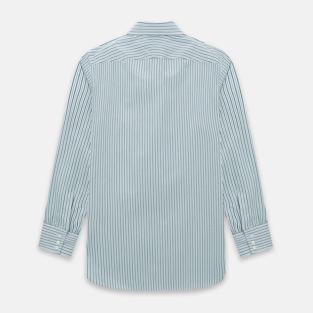 The GREEN DOUBLE STRIPE WESTMINSTER SHIRT by Turnbull & Asser features green and white vertical stripes, a pointed collar, buttoned cuffs, and a relaxed fit that highlights refined British craftsmanship.