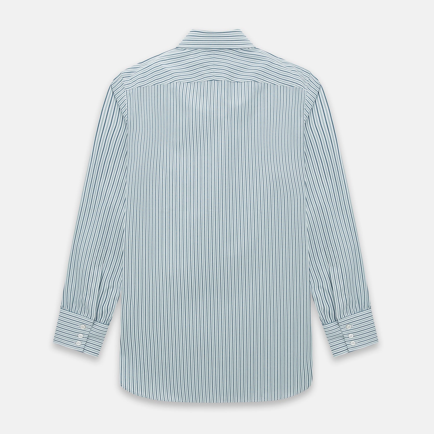 View 3 of product The GREEN DOUBLE STRIPE WESTMINSTER SHIRT by Turnbull & Asser features green and white vertical stripes, a pointed collar, buttoned cuffs, and a relaxed fit that highlights refined British craftsmanship.