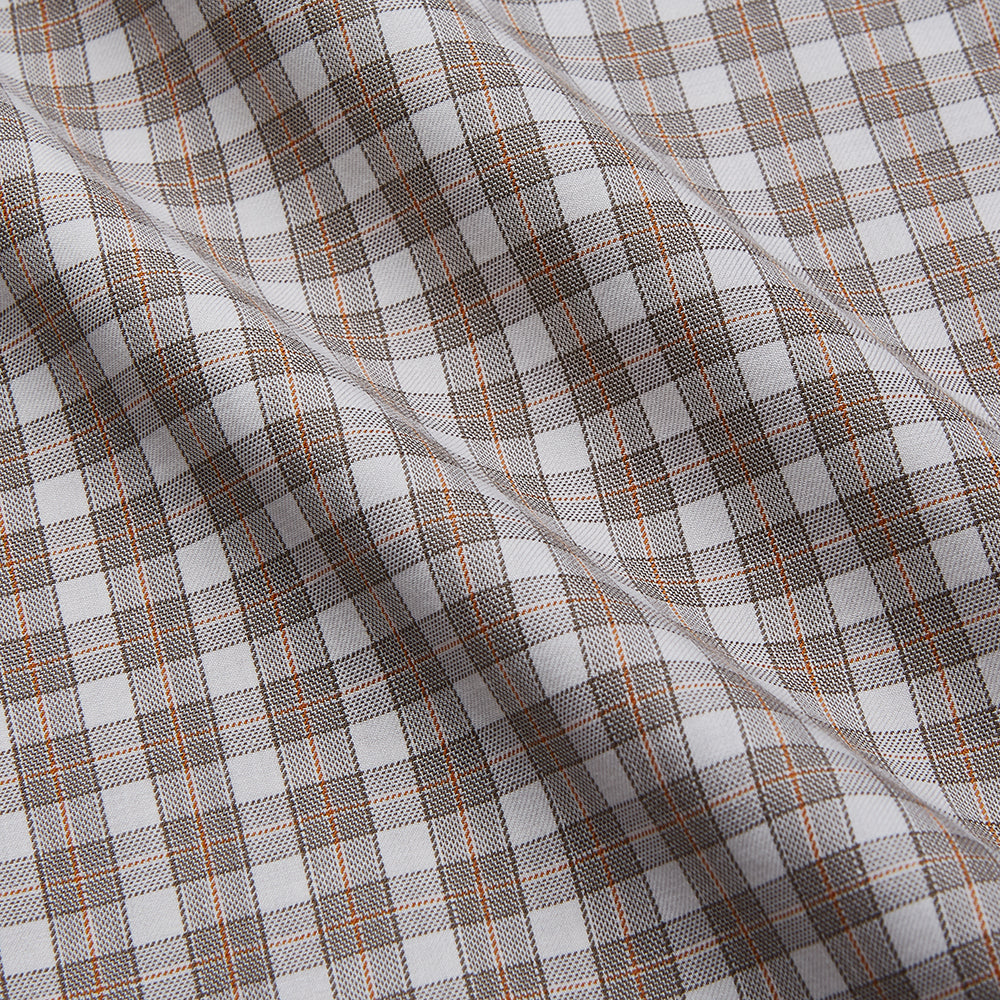 A grey and peach multi-check long-sleeve Cashmerello Finch Shirt by Turnbull & Asser, featuring a classic collar and white buttons, displayed on a white background. This stylish Weekend Fit shirt offers a refined look for summer.