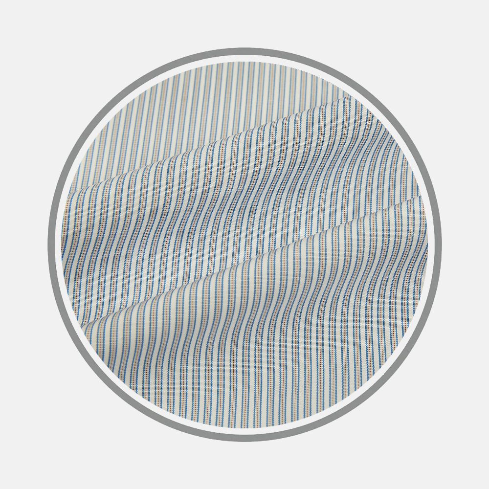 Close-up of Turnbull & Asser's Blue/Brown Ticking Stripe Fabric, featuring thin vertical blue, beige, and white stripes. Shown in a circular frame on a light gray background with clear texture and pattern detail.