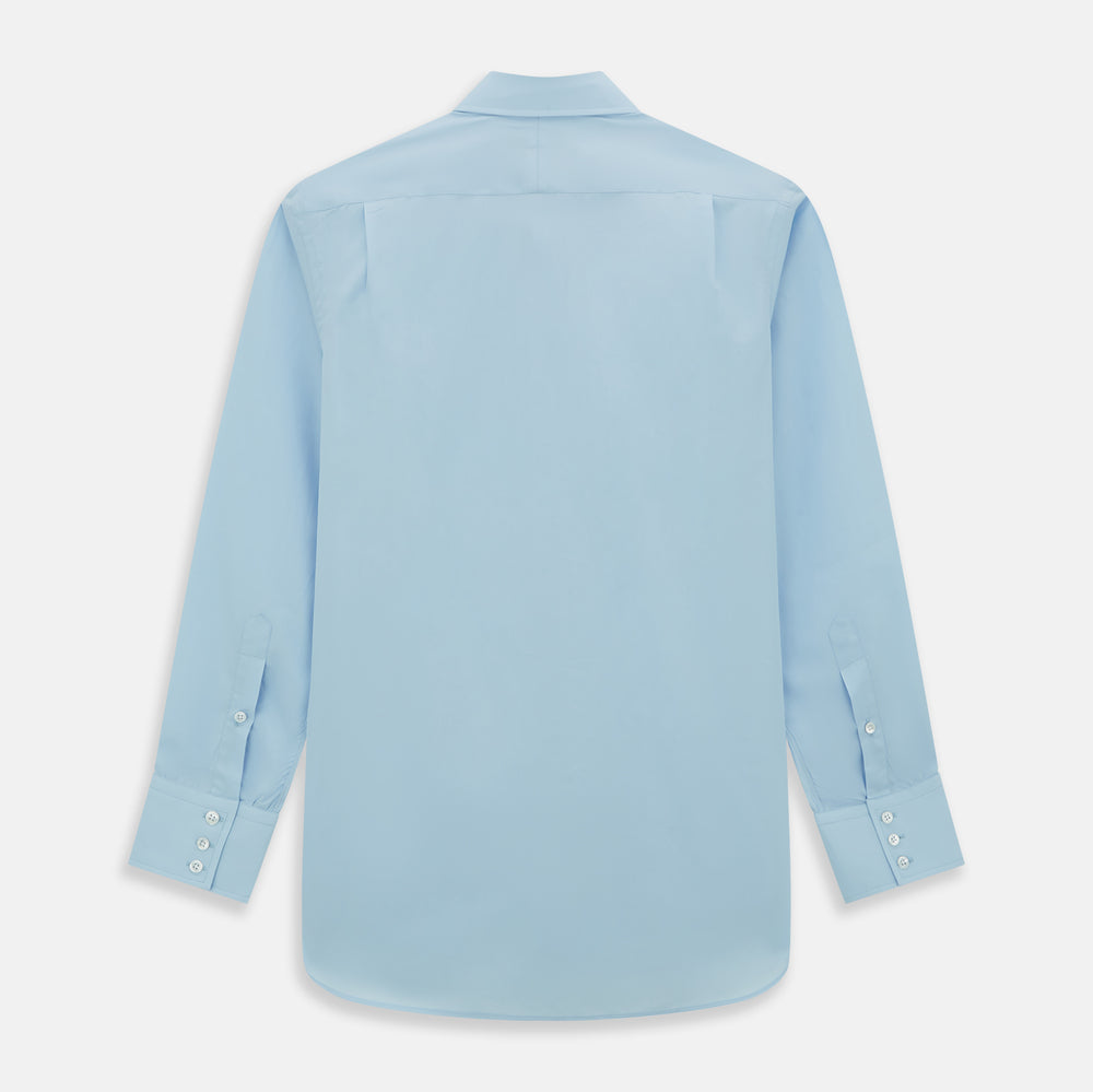 The Turnbull & Asser Light Blue Sea Island Quality Cotton Shirt features a T&A collar, long sleeves, and 3-button cuffs, beautifully displayed flat on a white background.