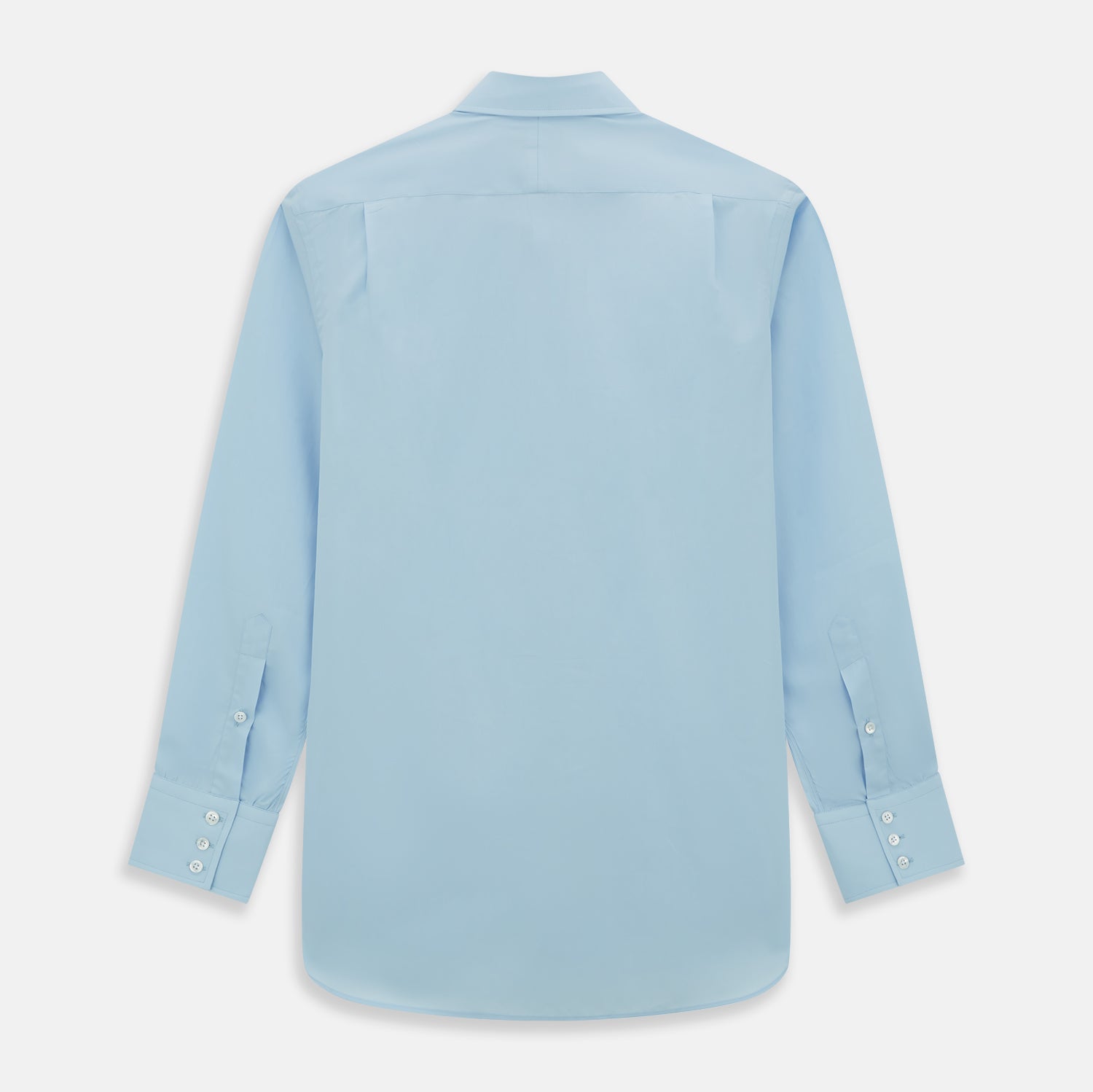View 5 of product The Turnbull & Asser Light Blue Sea Island Quality Cotton Shirt features a T&A collar, long sleeves, and 3-button cuffs, beautifully displayed flat on a white background.