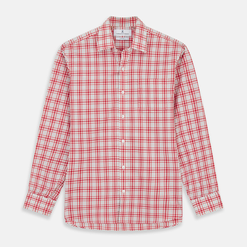 The Turnbull & Asser Red Check Cotton Weekend Fit Finch Shirt is a men's long-sleeved, button-up shirt with a Derby collar and red-and-white plaid pattern, displayed flat on a white background.