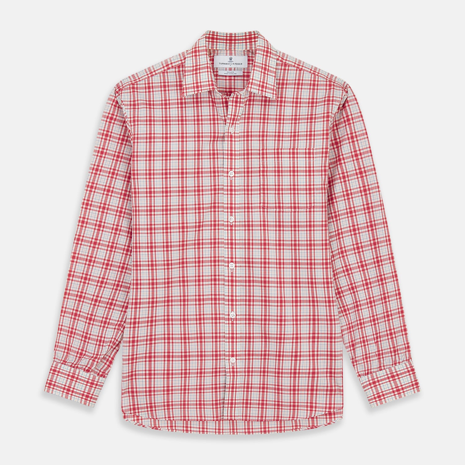 View 1 of product The Turnbull & Asser Red Check Cotton Weekend Fit Finch Shirt is a men's long-sleeved, button-up shirt with a Derby collar and red-and-white plaid pattern, displayed flat on a white background.
