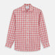 The Turnbull & Asser Red Check Cotton Weekend Fit Finch Shirt is a men's long-sleeved, button-up shirt with a Derby collar and red-and-white plaid pattern, displayed flat on a white background.