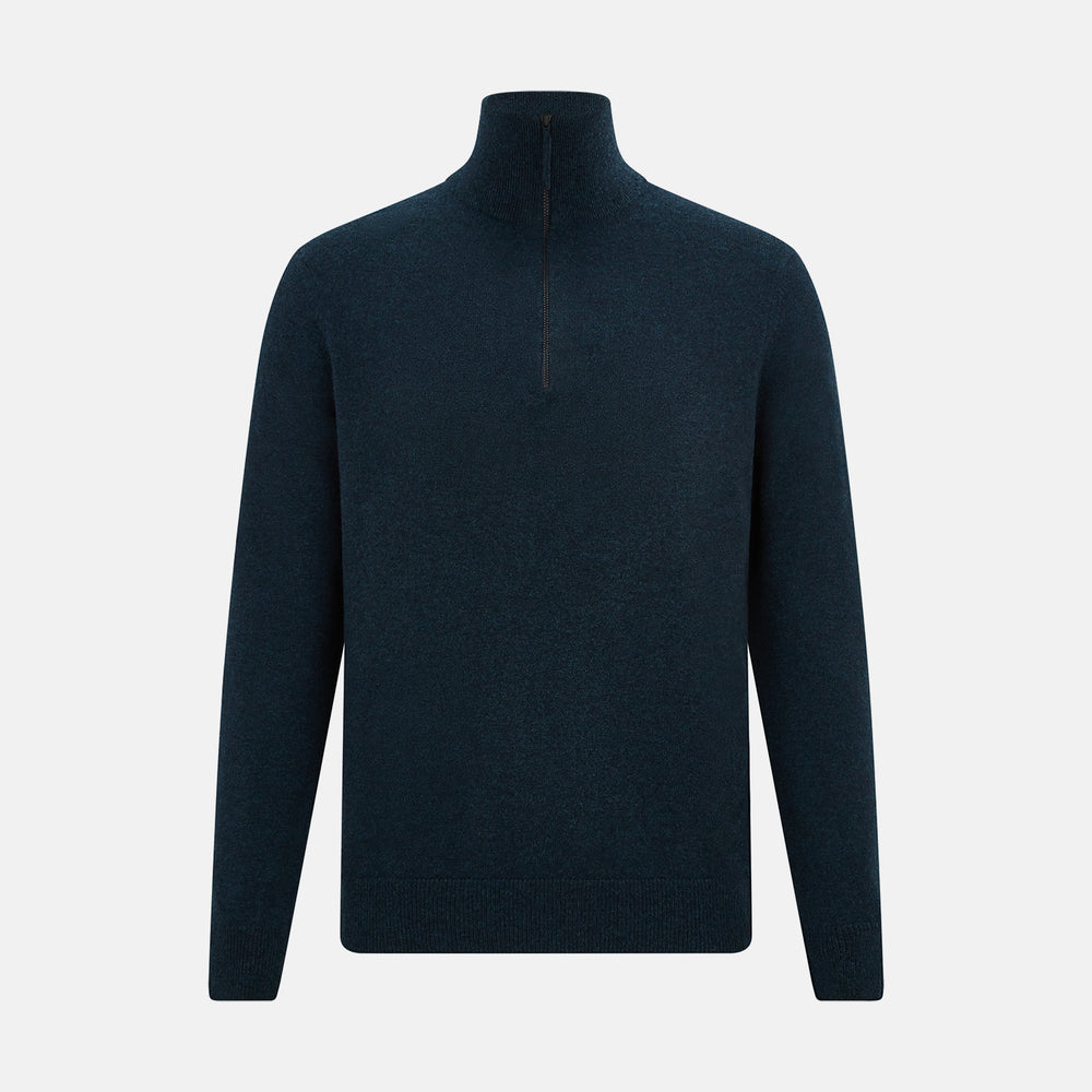 A dark green melange cashmere half-zip jumper by Turnbull & Asser, featuring a long-sleeve, mock neck design with a simple, classic look and no visible patterns or logos, displayed against a plain white background.