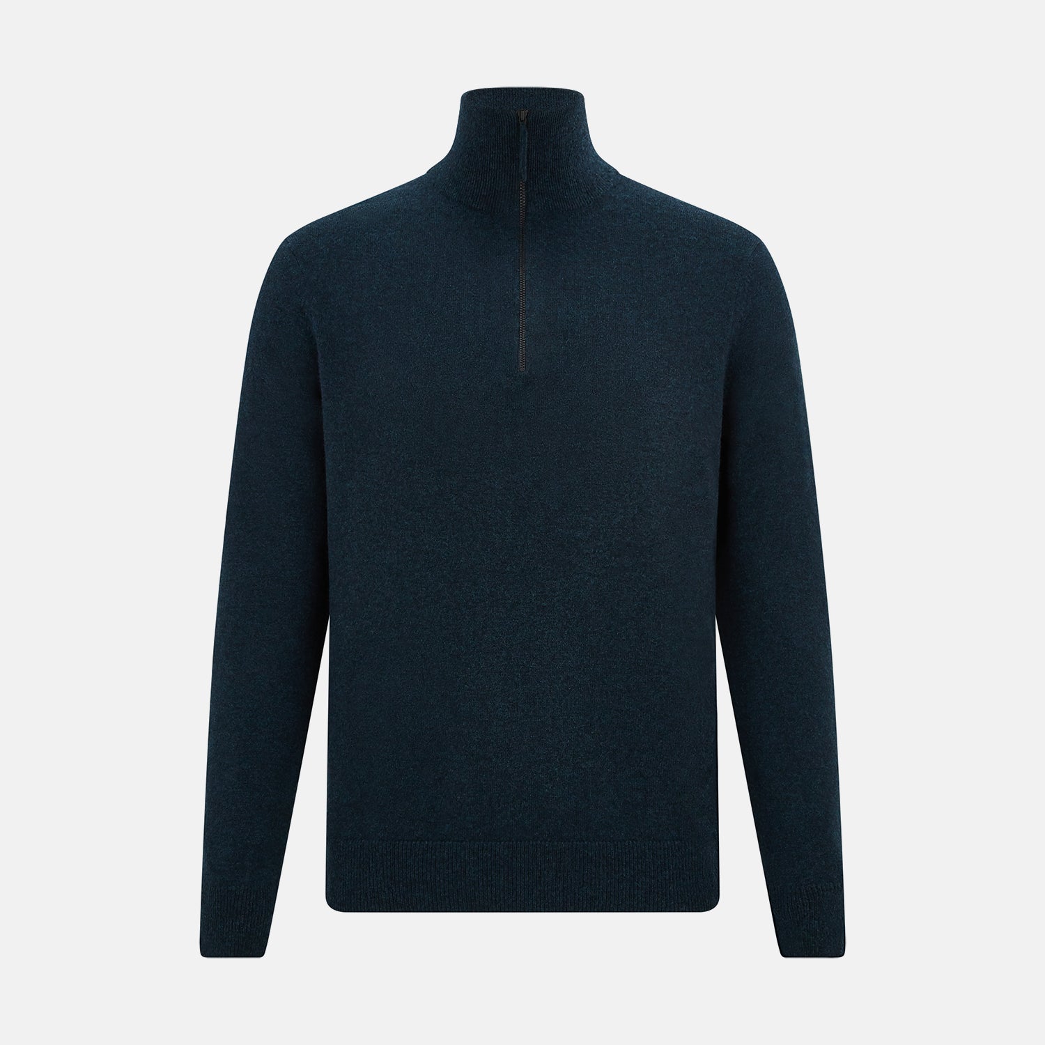 View 1 of product A dark green melange cashmere half-zip jumper by Turnbull & Asser, featuring a long-sleeve, mock neck design with a simple, classic look and no visible patterns or logos, displayed against a plain white background.