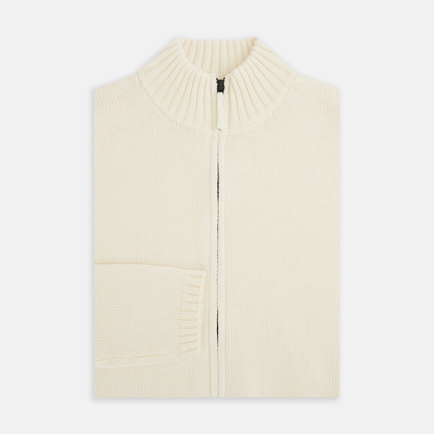View 4 of product The White Merino High Neck Zipped Cardigan by Turnbull & Asser features a ribbed stand collar, cuffs, and hem. This elegant long-sleeve knitwear piece is shown on a plain white background.