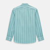 View 3 of product The Turnbull & Asser Sage Track Stripe Westminster Shirt features long sleeves, a tailored fit, a collar, and vertical dark blue stripes, with button closures down the front and at the cuffs, shown laid flat on a white background.