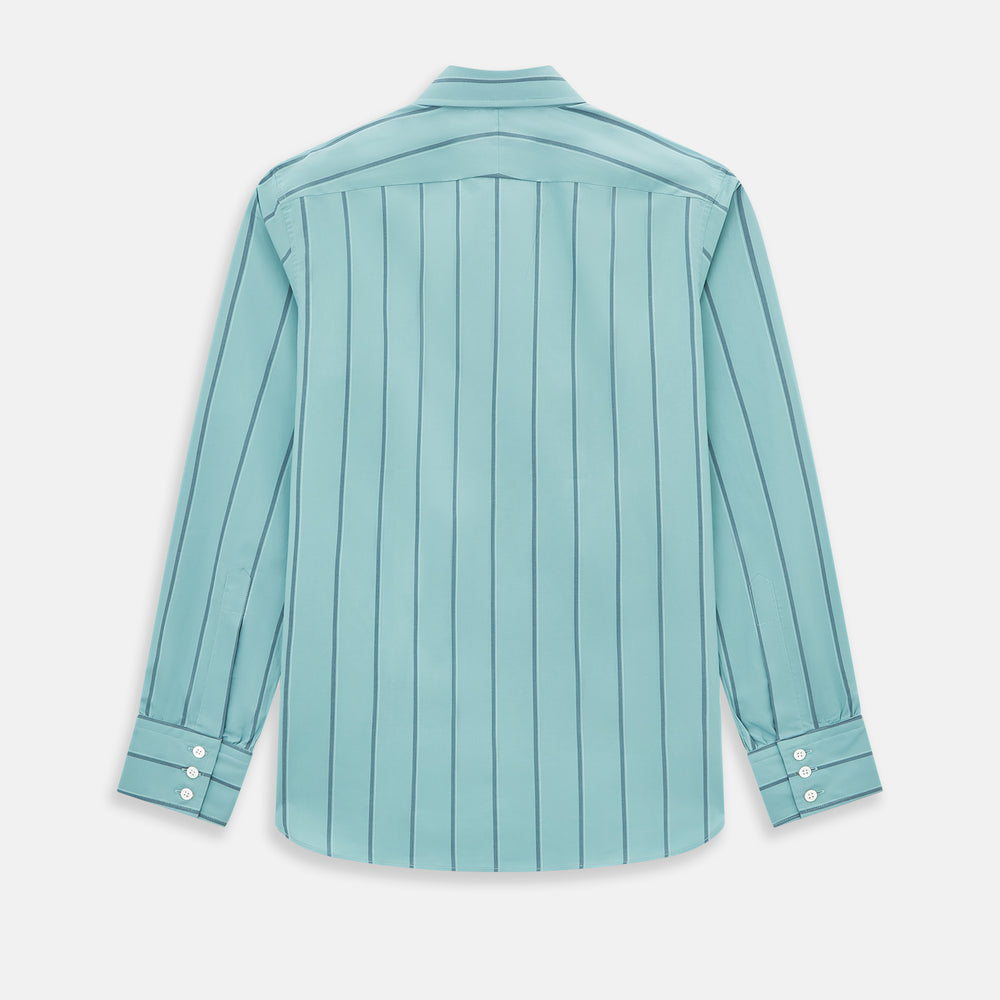 The Turnbull & Asser Sage Track Stripe Westminster Shirt features long sleeves, a tailored fit, a collar, and vertical dark blue stripes, with button closures down the front and at the cuffs, shown laid flat on a white background.