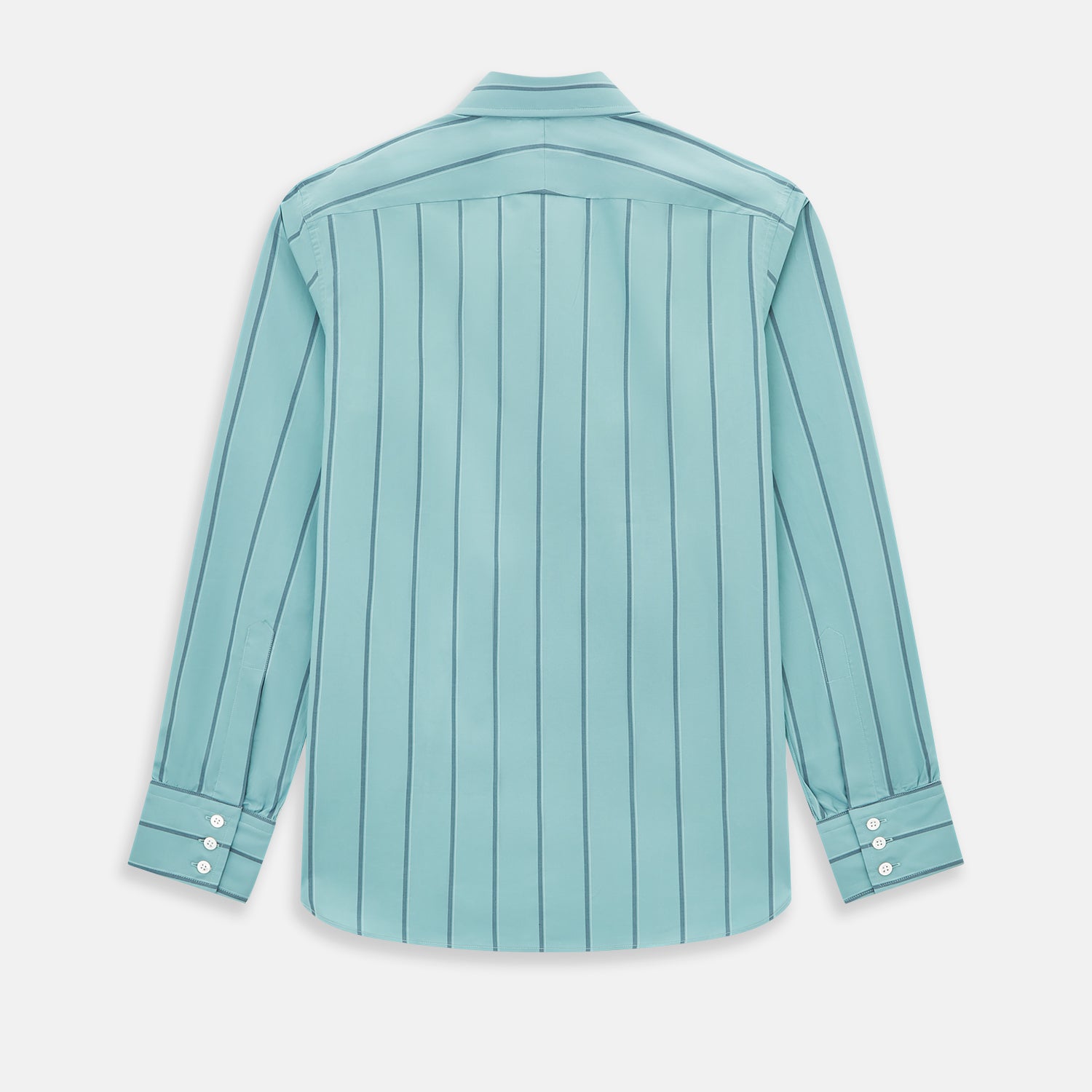 View 3 of product The Turnbull & Asser Sage Track Stripe Westminster Shirt features long sleeves, a tailored fit, a collar, and vertical dark blue stripes, with button closures down the front and at the cuffs, shown laid flat on a white background.