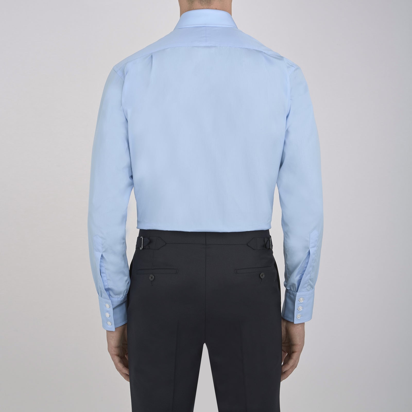 View 6 of product A Light Blue Cotton Shirt with a T&A collar and 3-button cuffs by Turnbull & Asser is displayed on a plain white background, ideal for pairing with a navy suit.