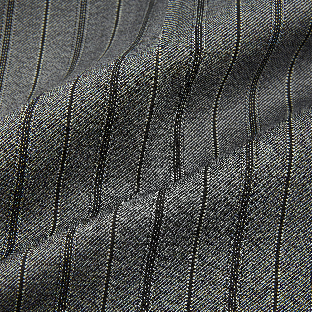 The Grey Multi Pinstripe Morning Dress Trousers by Turnbull & Asser feature a tailored fit, vertical black pinstripes, and a flat front design—ideal for formal wear. Shown against a plain white background.