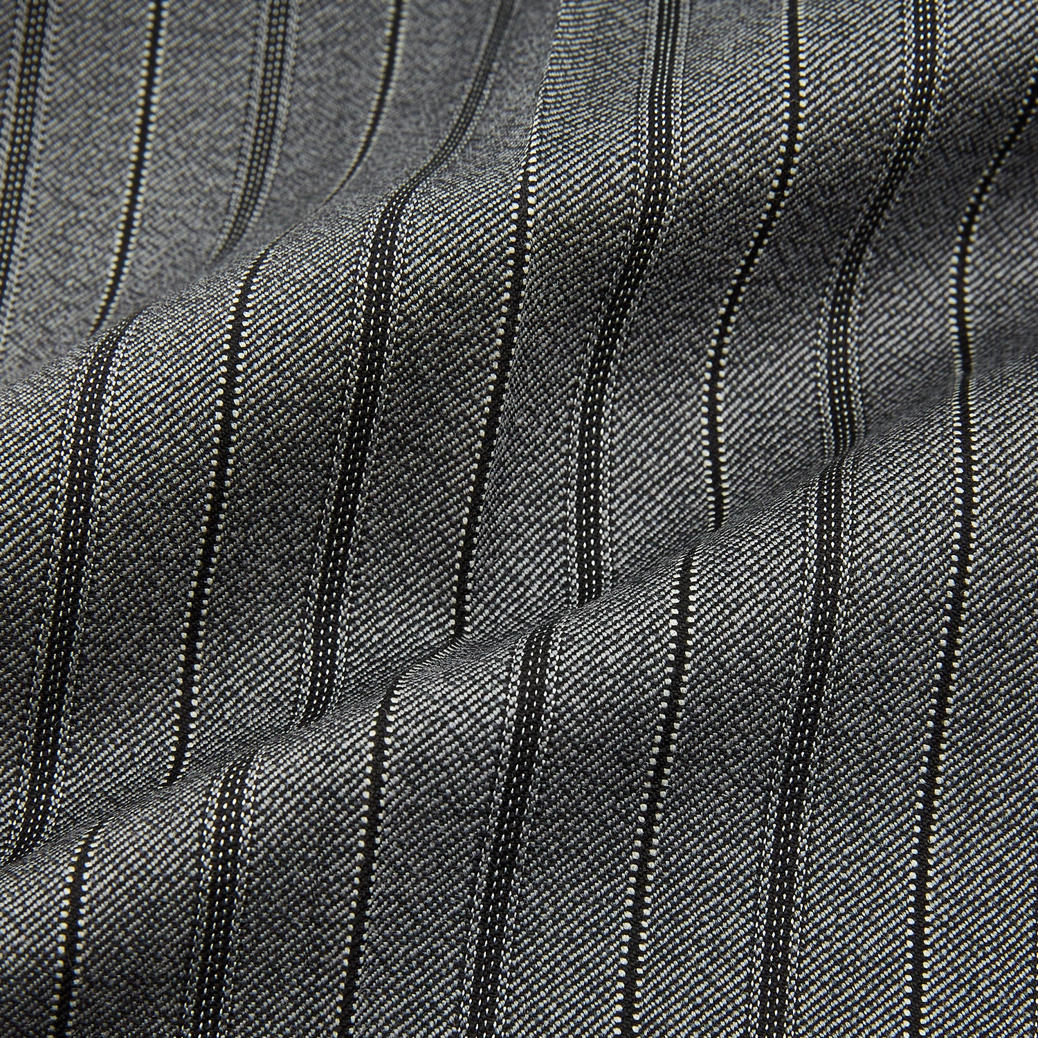 View 7 of product The Grey Multi Pinstripe Morning Dress Trousers by Turnbull & Asser feature a tailored fit, vertical black pinstripes, and a flat front design—ideal for formal wear. Shown against a plain white background.