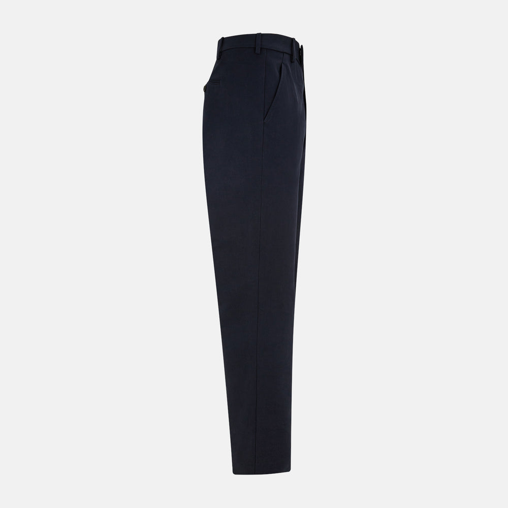 A pair of Navy Henry B Trousers by Turnbull & Asser, crafted from fine Italian cotton with belt loops, a flat front, and straight-leg design, displayed against a plain white background.