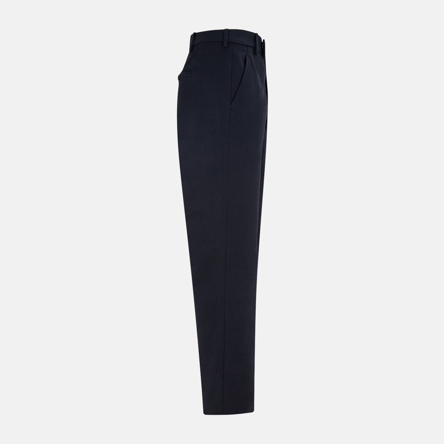 View 4 of product A pair of Navy Henry B Trousers by Turnbull & Asser, crafted from fine Italian cotton with belt loops, a flat front, and straight-leg design, displayed against a plain white background.
