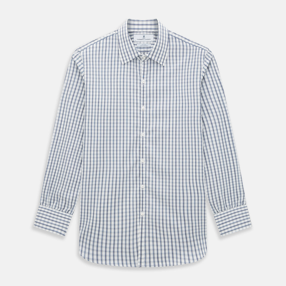 The Azzurro Multi Check Westminster Shirt by Turnbull & Asser is a long-sleeve, button-up with a white base and blue and gray checks, displayed flat against a white background.