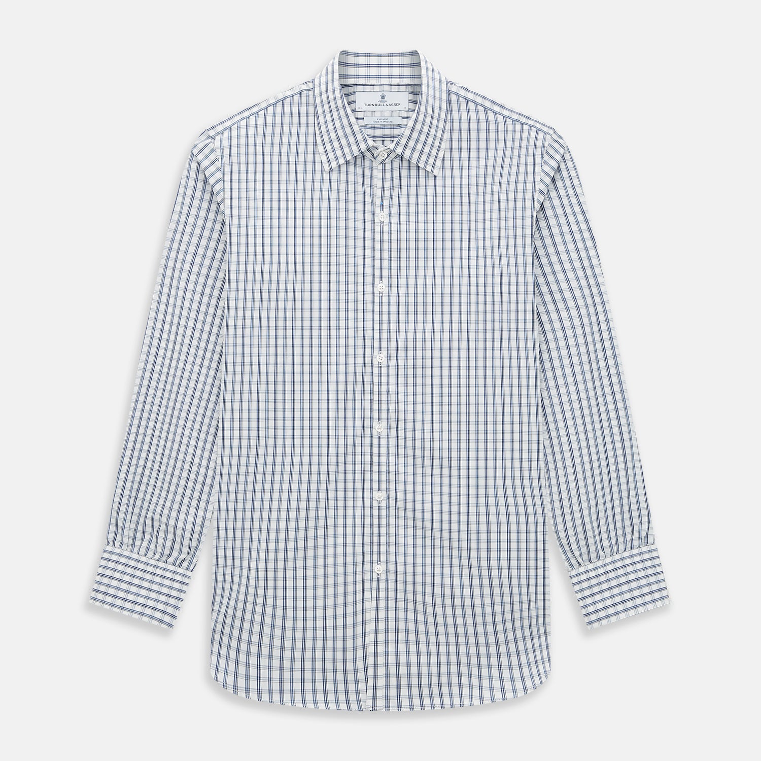 View 1 of product The Azzurro Multi Check Westminster Shirt by Turnbull & Asser is a long-sleeve, button-up with a white base and blue and gray checks, displayed flat against a white background.