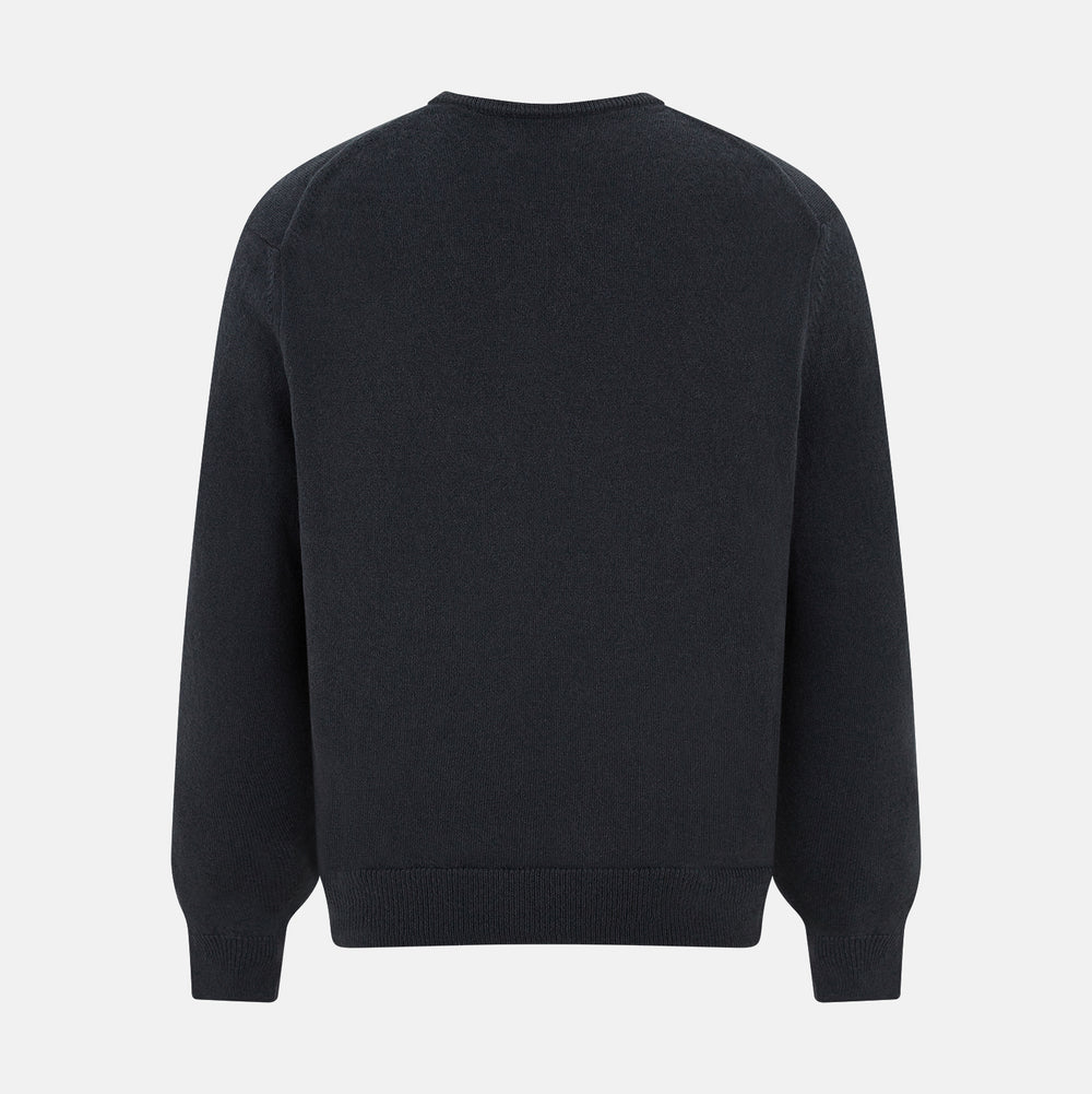 The Turnbull & Asser Dark Green Cashmere V-Neck Jumper features long sleeves, ribbed cuffs, and a ribbed waistband, showcased against a white background.