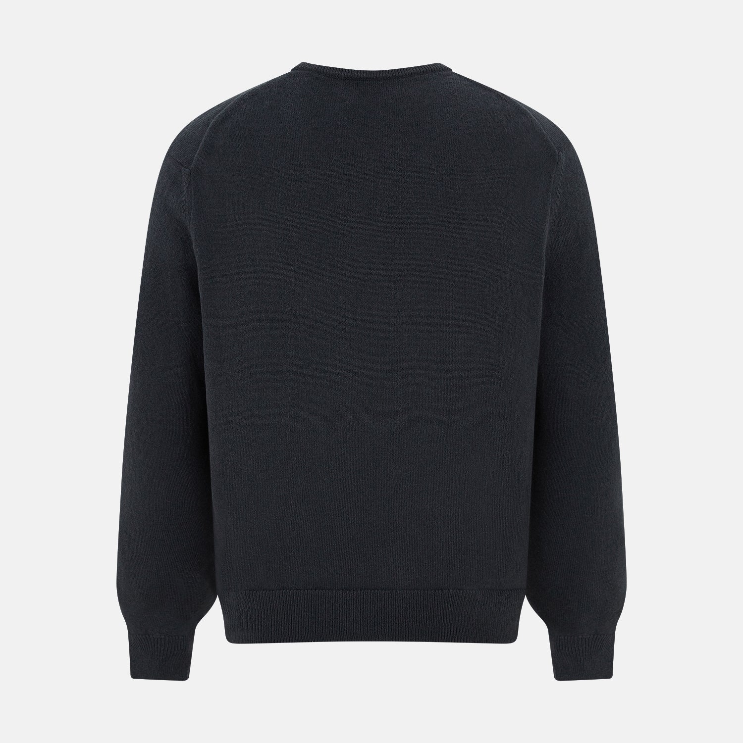 View 3 of product The Turnbull & Asser Dark Green Cashmere V-Neck Jumper features long sleeves, ribbed cuffs, and a ribbed waistband, showcased against a white background.