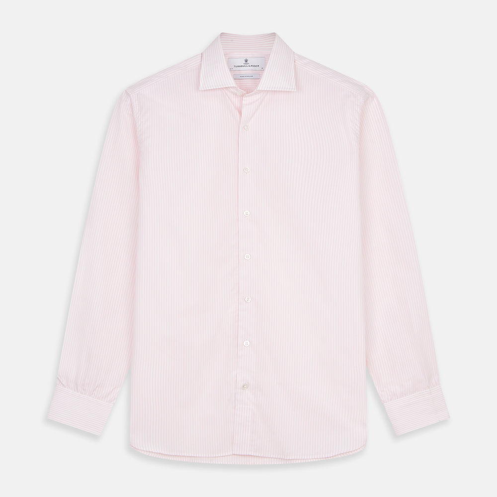 The Turnbull & Asser White and Pink Wide Stripe Belgravia Shirt features long sleeves, a classic collar, buttoned cuffs, and a wide stripe pattern—an elegant men's formal shirt from the Belgravia collection.