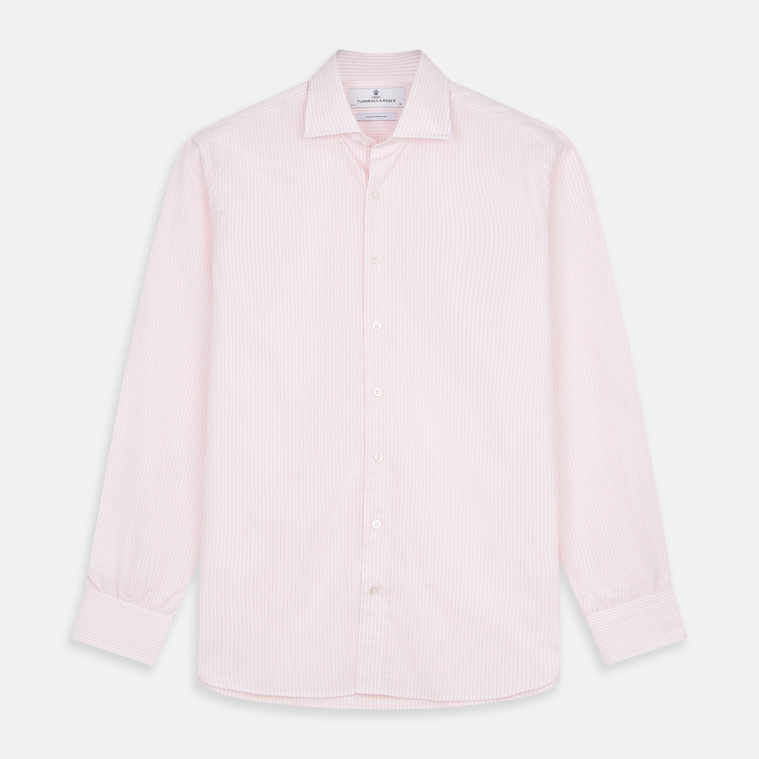 View 1 of product The Turnbull & Asser White and Pink Wide Stripe Belgravia Shirt features long sleeves, a classic collar, buttoned cuffs, and a wide stripe pattern—an elegant men's formal shirt from the Belgravia collection.