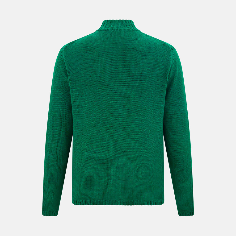 The Turnbull & Asser Forest Green Merino High Neck Zipped Cardigan features a ribbed collar, cuffs, and hem for classic style—this vibrant knitwear essential is shown against a white background.