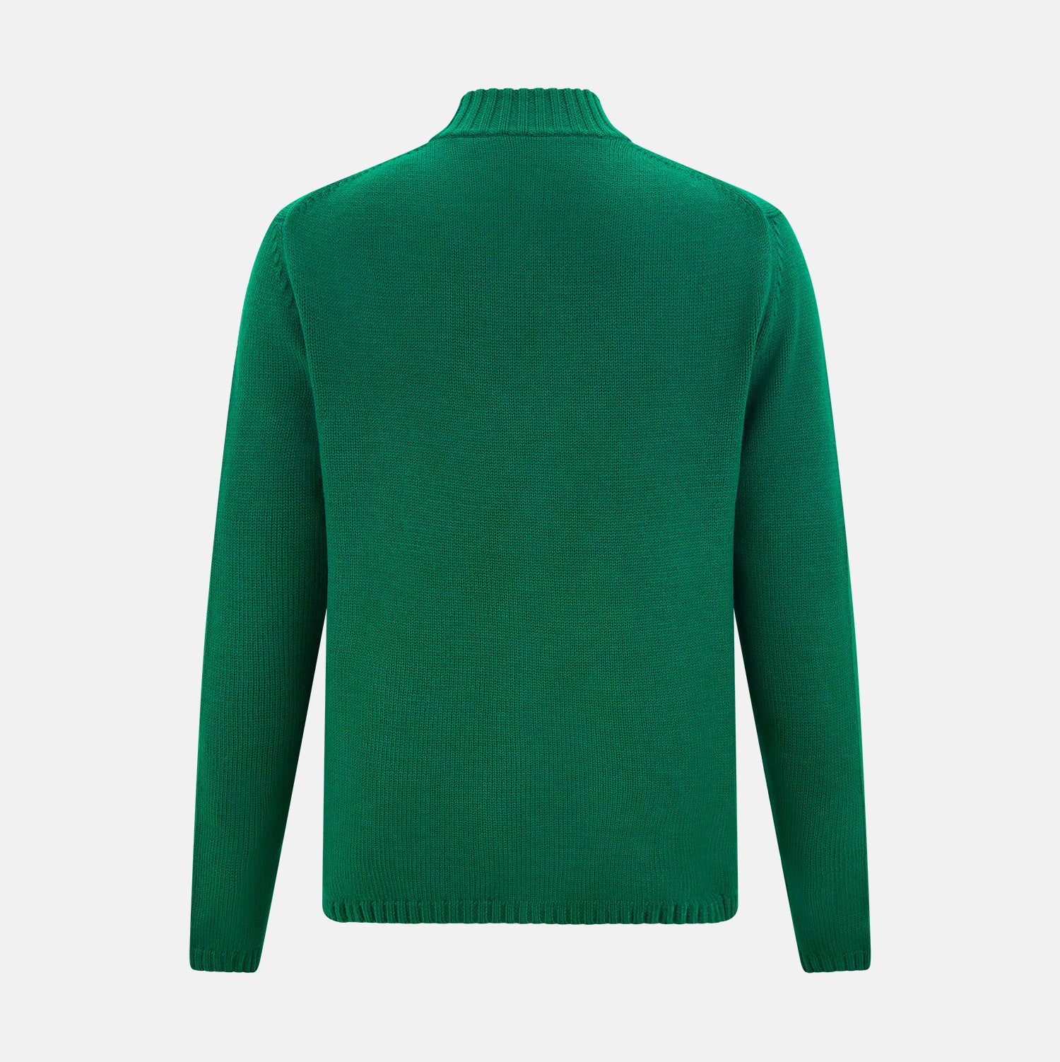 View 3 of product The Turnbull & Asser Forest Green Merino High Neck Zipped Cardigan features a ribbed collar, cuffs, and hem for classic style—this vibrant knitwear essential is shown against a white background.