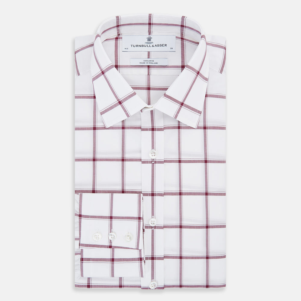 A long-sleeve, button-up Burgundy Grid Check Mayfair Shirt by Turnbull & Asser, made from Italian cotton with a spread collar and red grid check pattern, displayed flat on a plain white background.