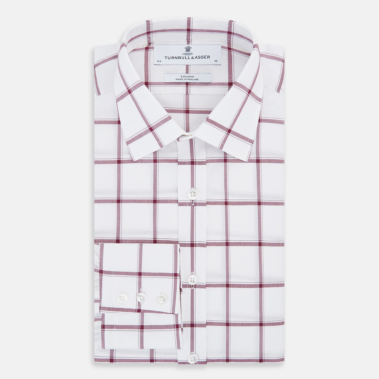 View 5 of product A long-sleeve, button-up Burgundy Grid Check Mayfair Shirt by Turnbull & Asser, made from Italian cotton with a spread collar and red grid check pattern, displayed flat on a plain white background.