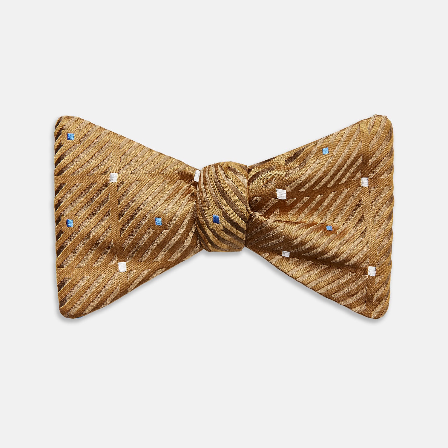 View 1 of product The Thistle Petersham Double End Bow Tie by Turnbull & Asser features a golden brown hue with a subtle diagonal stripe and blue and white square accents—an elegant accessory, pictured on a plain white background.