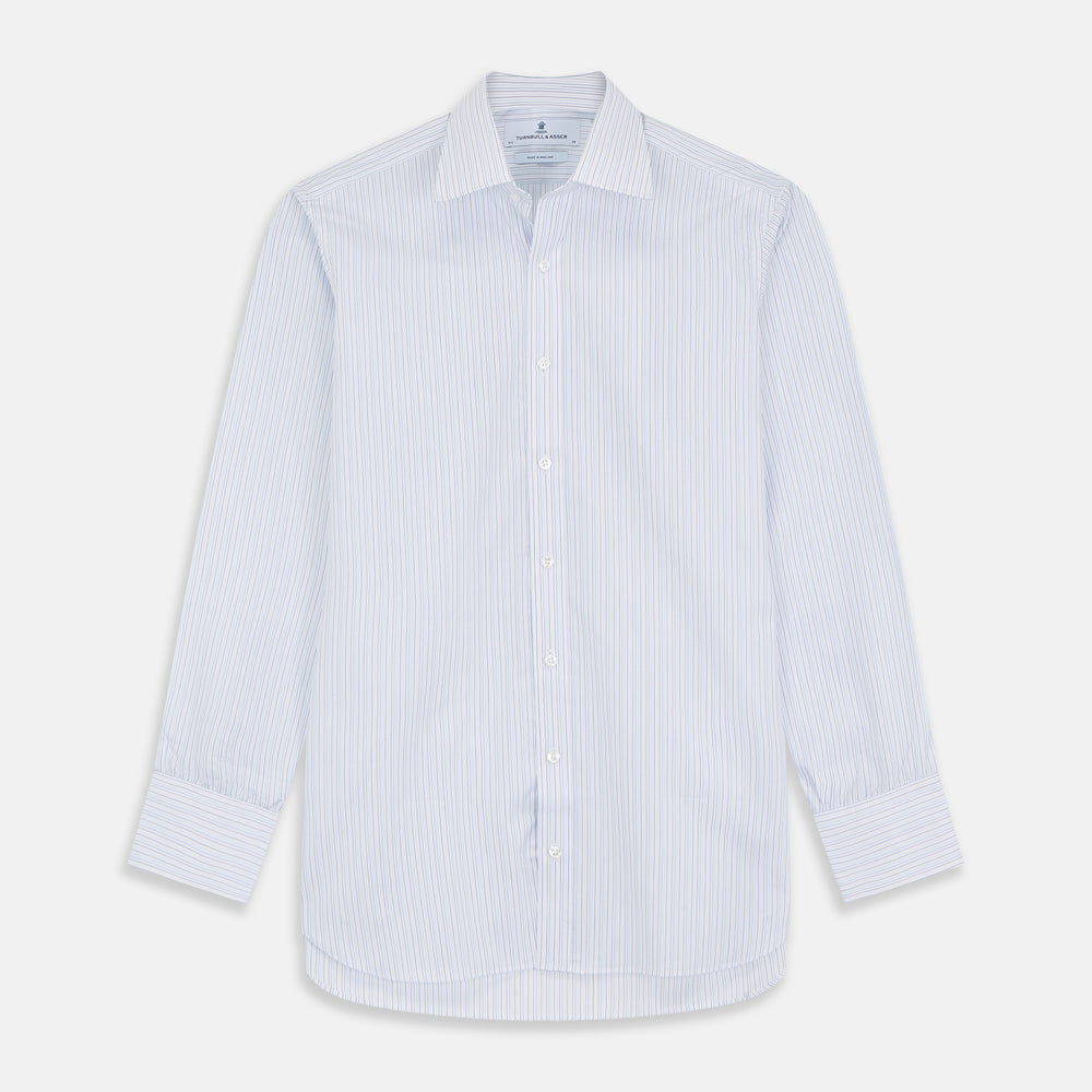 Close-up of Turnbull & Asser's Purple Multi Stripe Cotton Fabric, featuring thin, evenly spaced blue and black vertical pinstripes, shown within a circular frame.