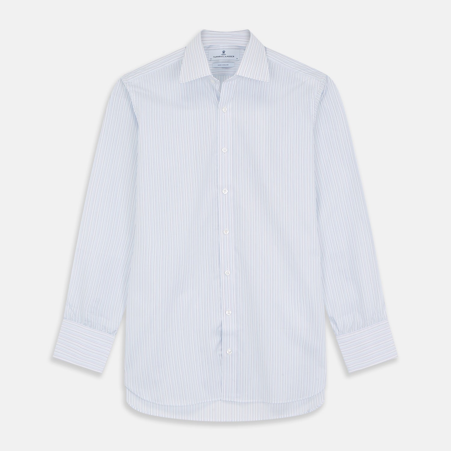 View 2 of product Close-up of Turnbull & Asser's Purple Multi Stripe Cotton Fabric, featuring thin, evenly spaced blue and black vertical pinstripes, shown within a circular frame.