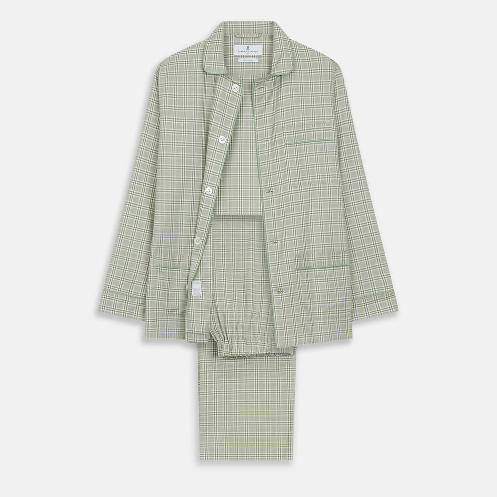 The Turnbull & Asser Green Check Modern Cotton Pyjama Set features a contemporary fit in white and green plaid, made from thicker cotton for added comfort.