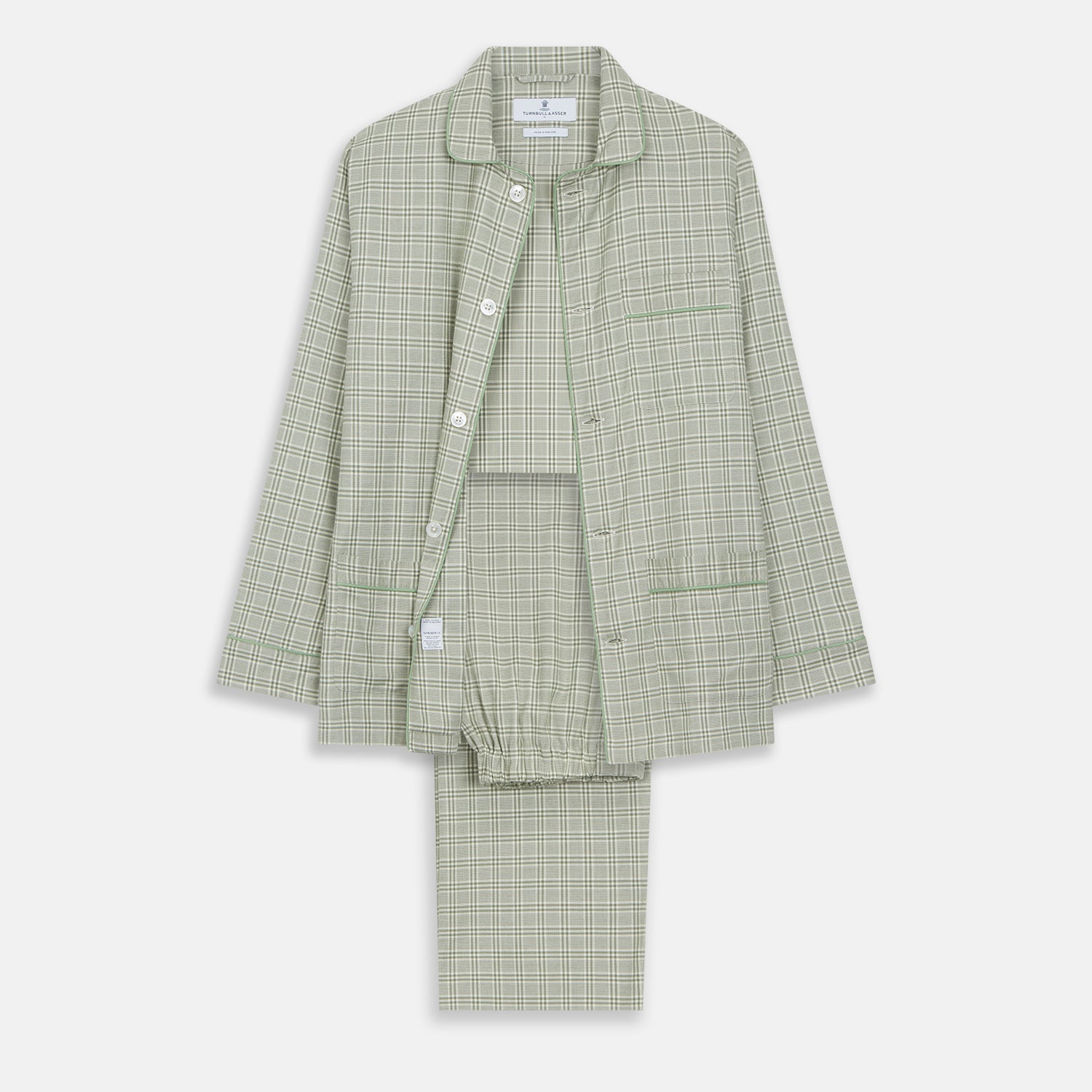 View 1 of product The Turnbull & Asser Green Check Modern Cotton Pyjama Set features a contemporary fit in white and green plaid, made from thicker cotton for added comfort.