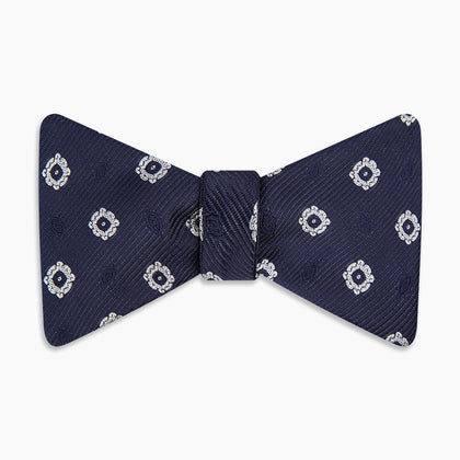 Navy and White Motif Silk Bow Tie Image 3