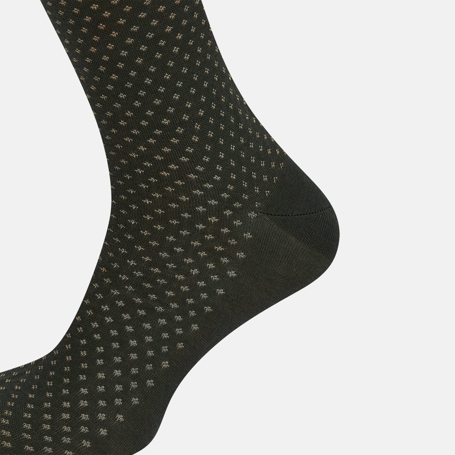 View 4 of product A single forest green mid-length sock from Turnbull & Asser, featuring a motif pattern and crafted from soft mercerised Egyptian cotton, shown against a plain white background.